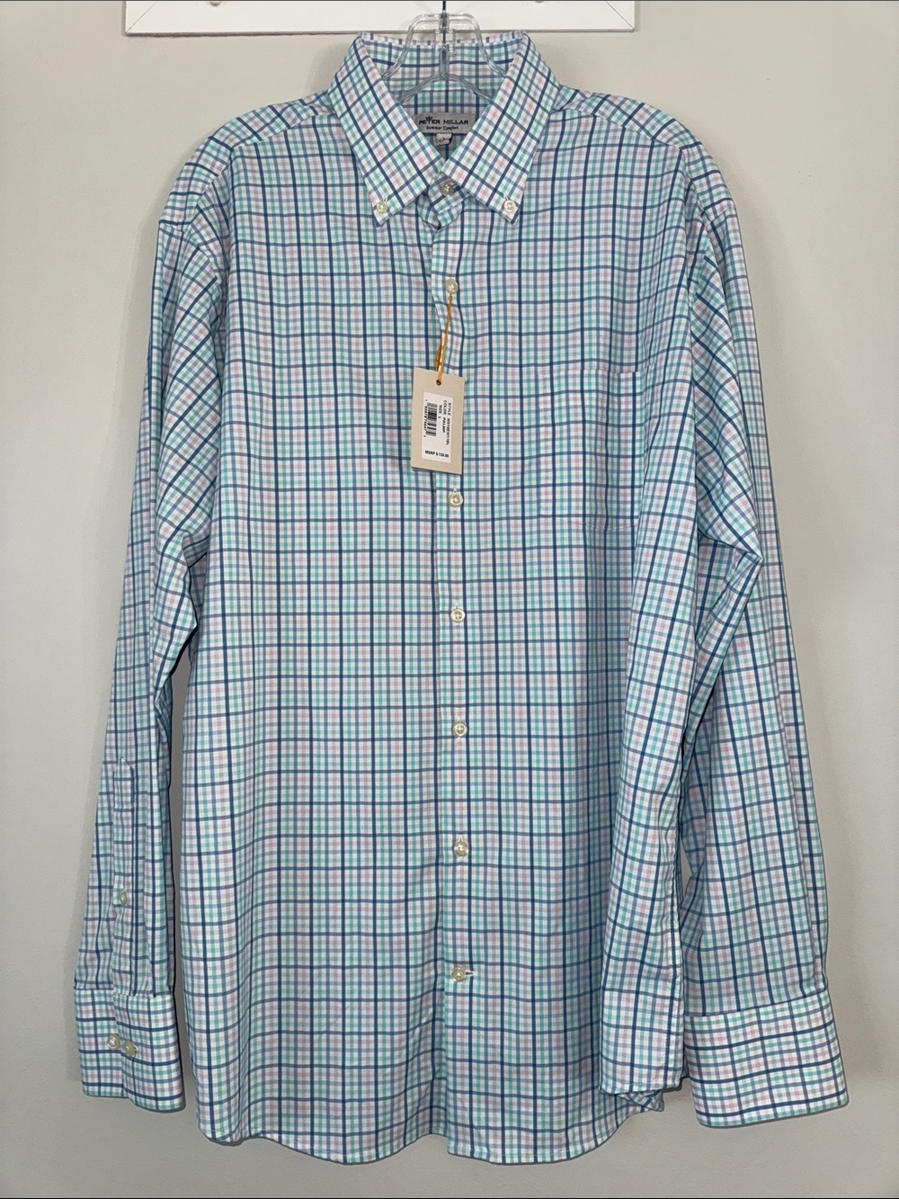 Peter Millar Summer Comfort Light Blue/Pink/Mint Check Button-Down Shirt NWT  L